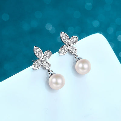 LANjewels Butterfly Moissanite Pearl Drop Earrings (0.4 ct.tw.)