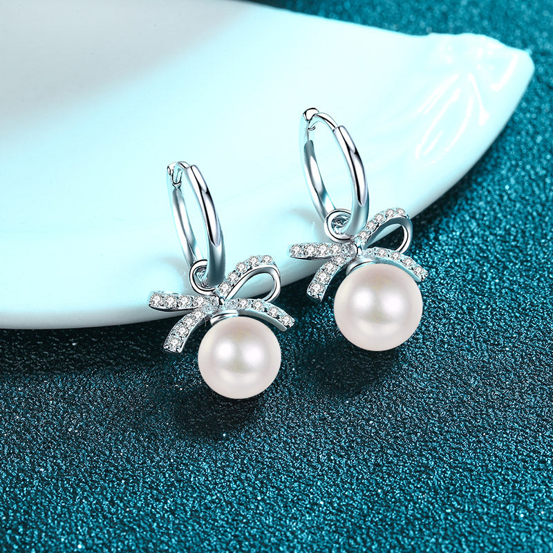 LANjewels Cross Ribbon Moissanite Pearl Drop Earrings