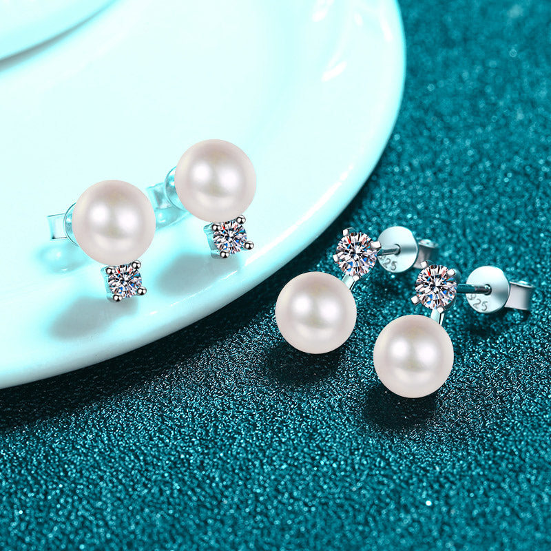 LANjewels Small Moissanite Pearl Stud Earrings