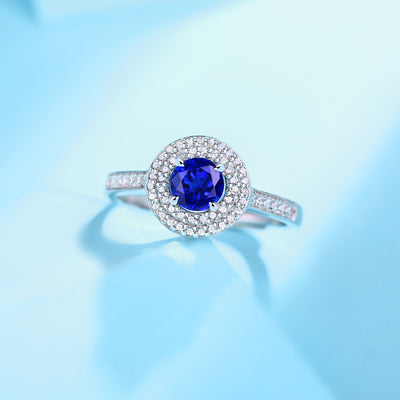 LANjewels Round Halo Lab Created Blue Sapphire Ring 1.0 ct