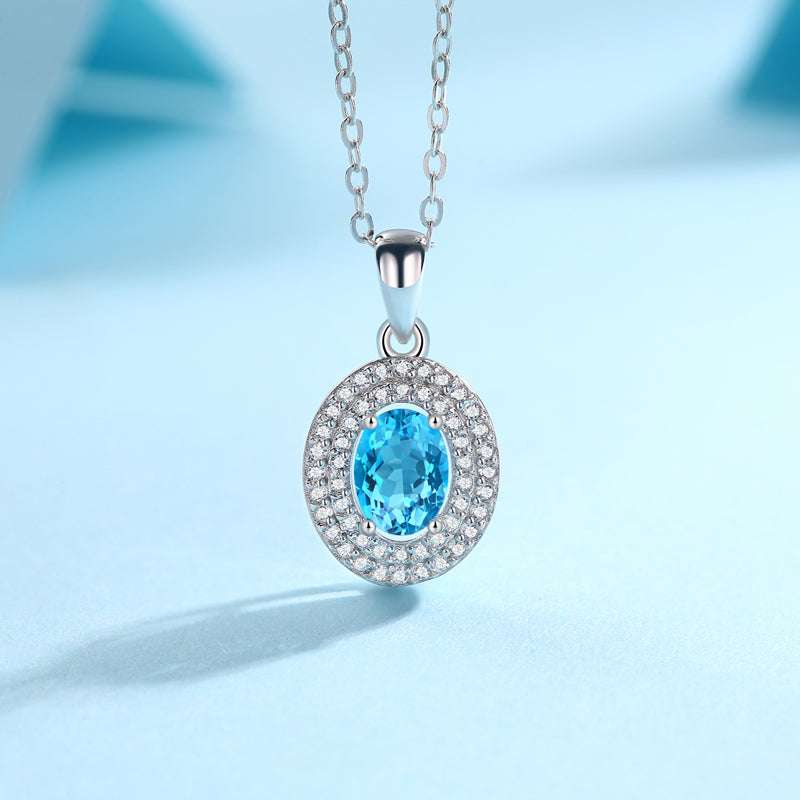 LANjewels Classis Halo Oval Cut Topaz Pendant Necklaces 1.0 ct