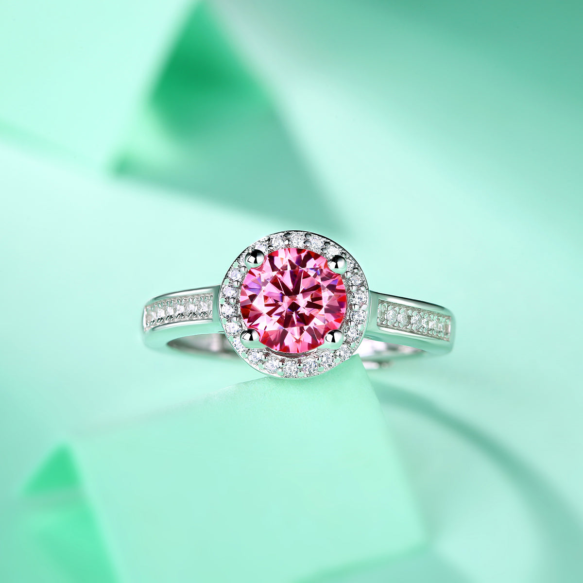 LANjewels Luxury Halo Pink Moissanite Ring 1.0 ct