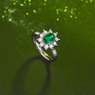 LANjewels Sunflower Halo Oval Emerald Gemstone Ring 1.0 ct