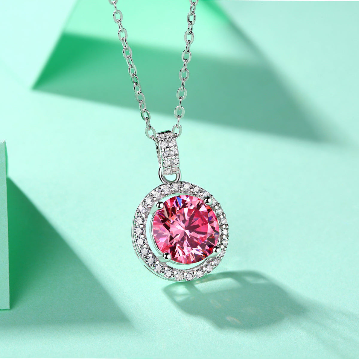 LANjewels Round Halo Pink Moissanite Pendant Necklaces