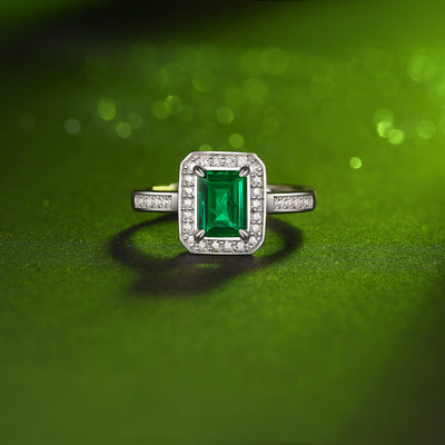 LANjewels Square Halo Emerald Gemstone Ring 1.0 ct