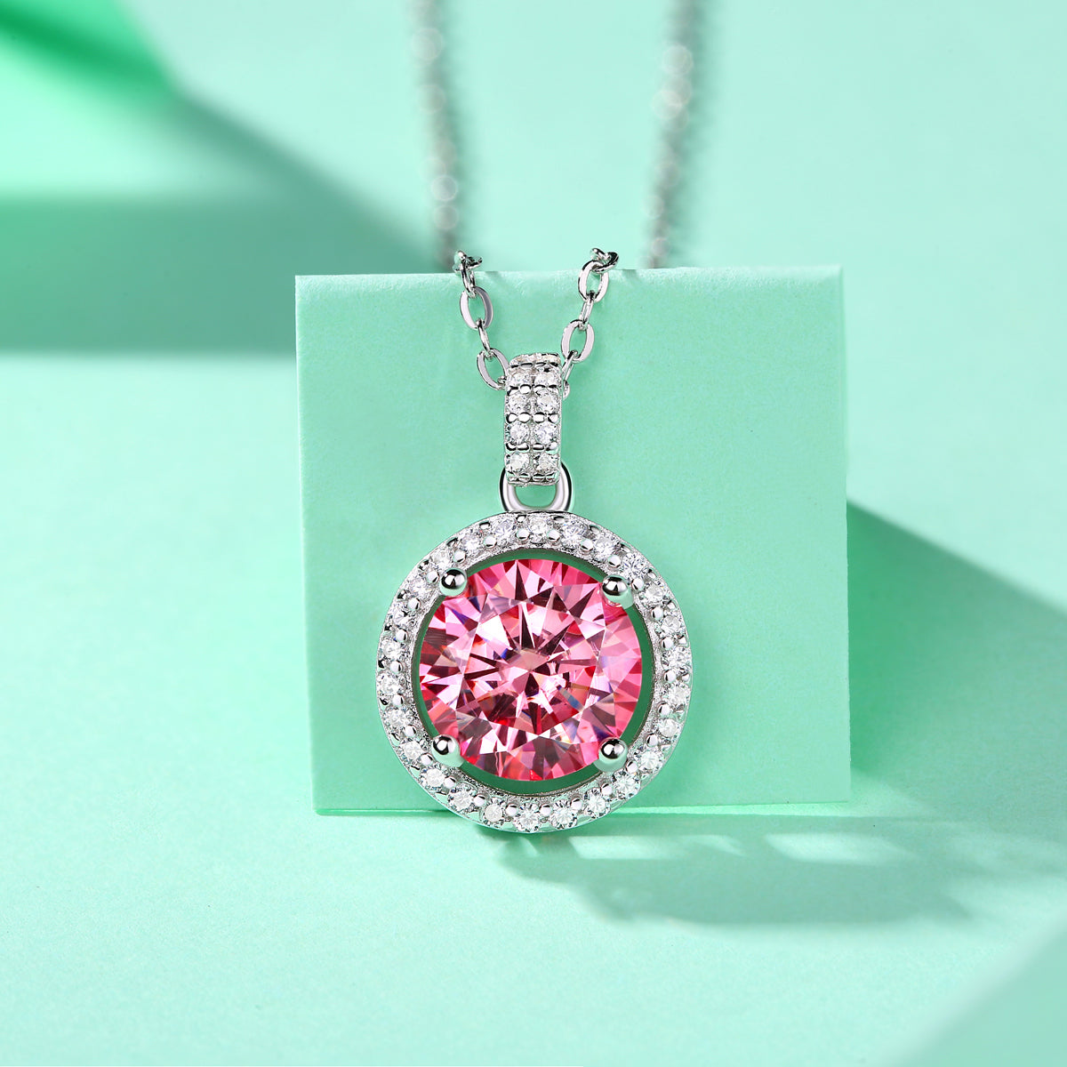 LANjewels Round Halo Pink Moissanite Pendant Necklaces