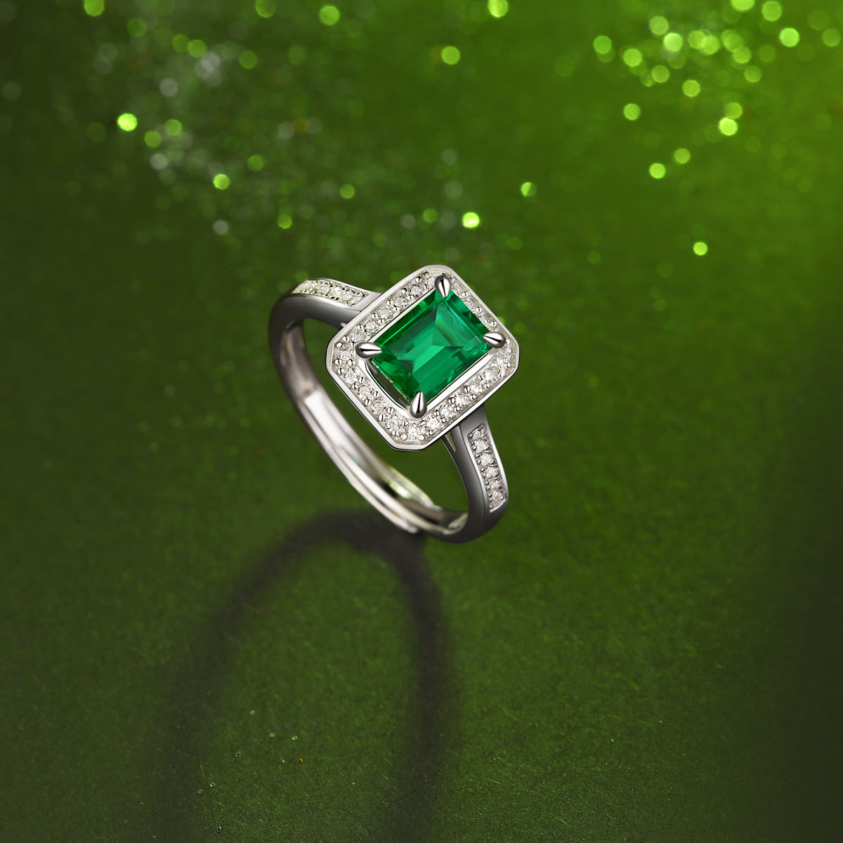 LANjewels Square Halo Emerald Gemstone Ring 1.0 ct