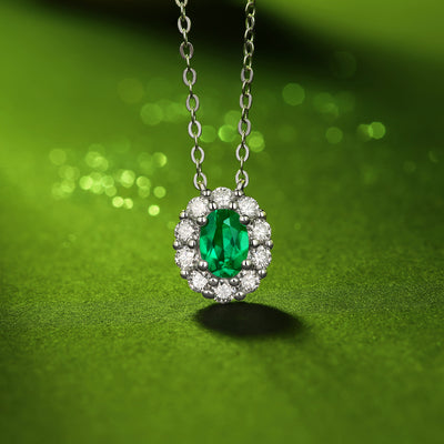 LANjewels Halo Oval Emerald Pendant Necklaces 1.0 ct