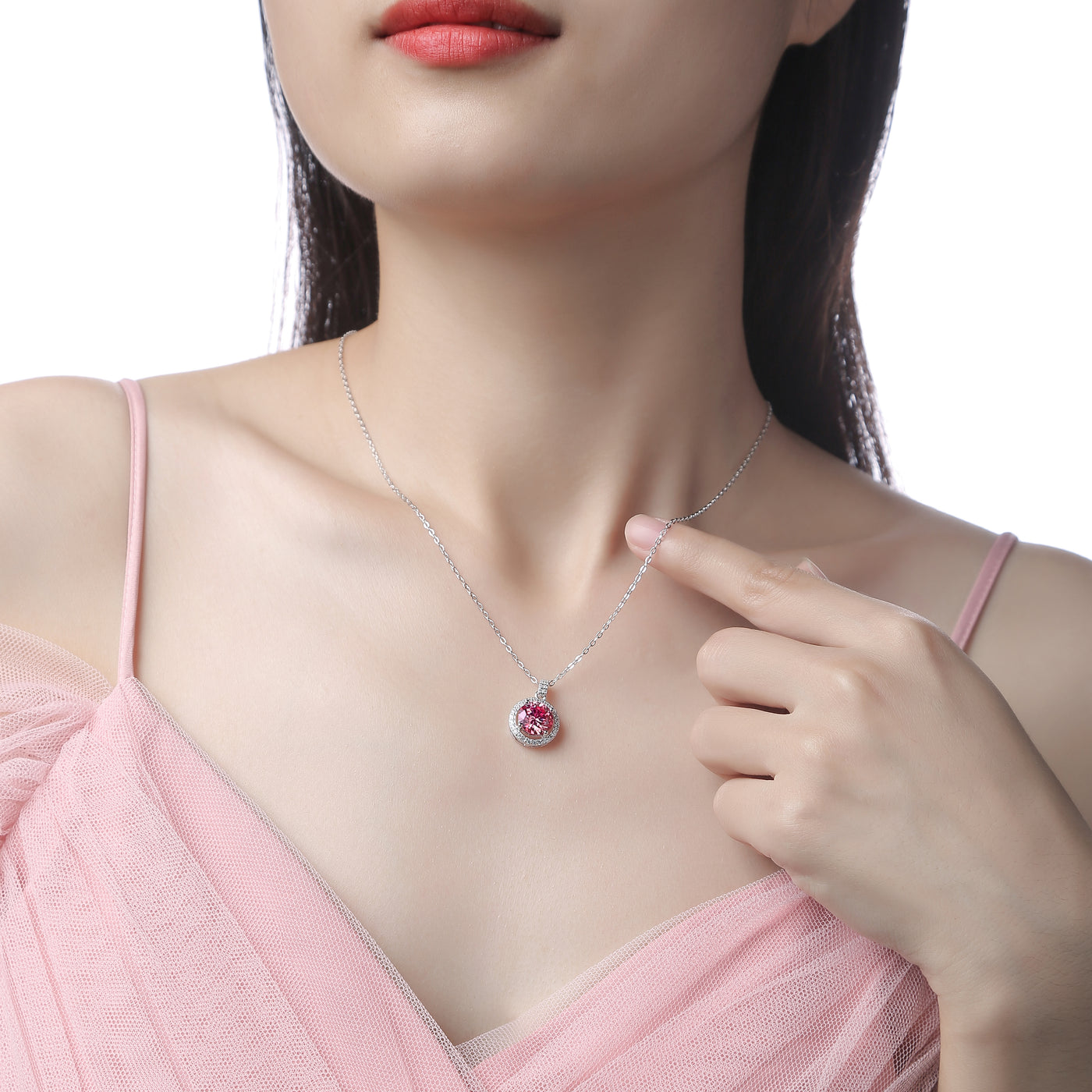 LANjewels Round Halo Pink Moissanite Pendant Necklaces