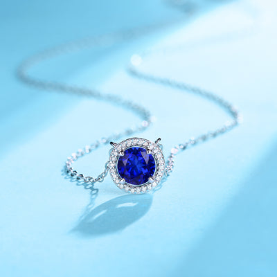 LANjewels Round Halo Lab Created Blue Sapphire Necklaces 1.0 ct