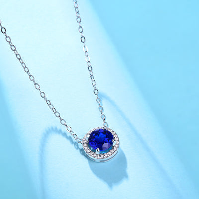 LANjewels Round Halo Lab Created Blue Sapphire Necklaces 1.0 ct