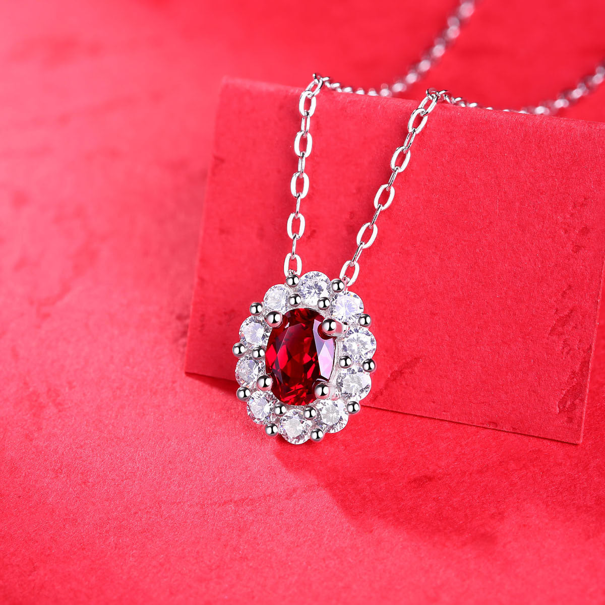 LANjewels Halo Oval Lab Created Ruby Pendant Necklaces 1.0 ct