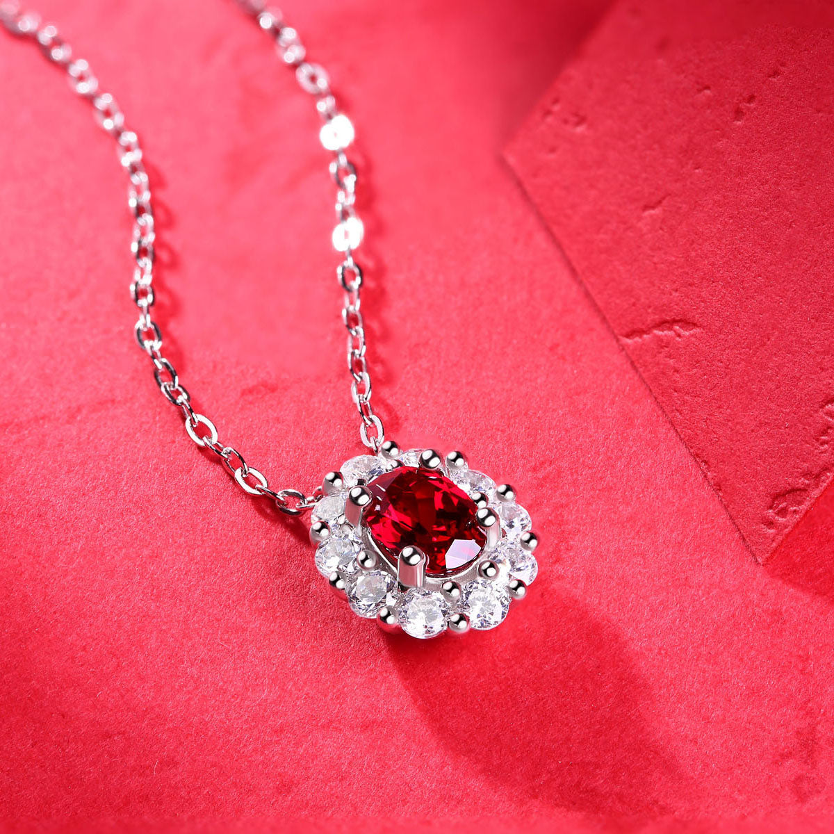 LANjewels Halo Oval Lab Created Ruby Pendant Necklaces 1.0 ct