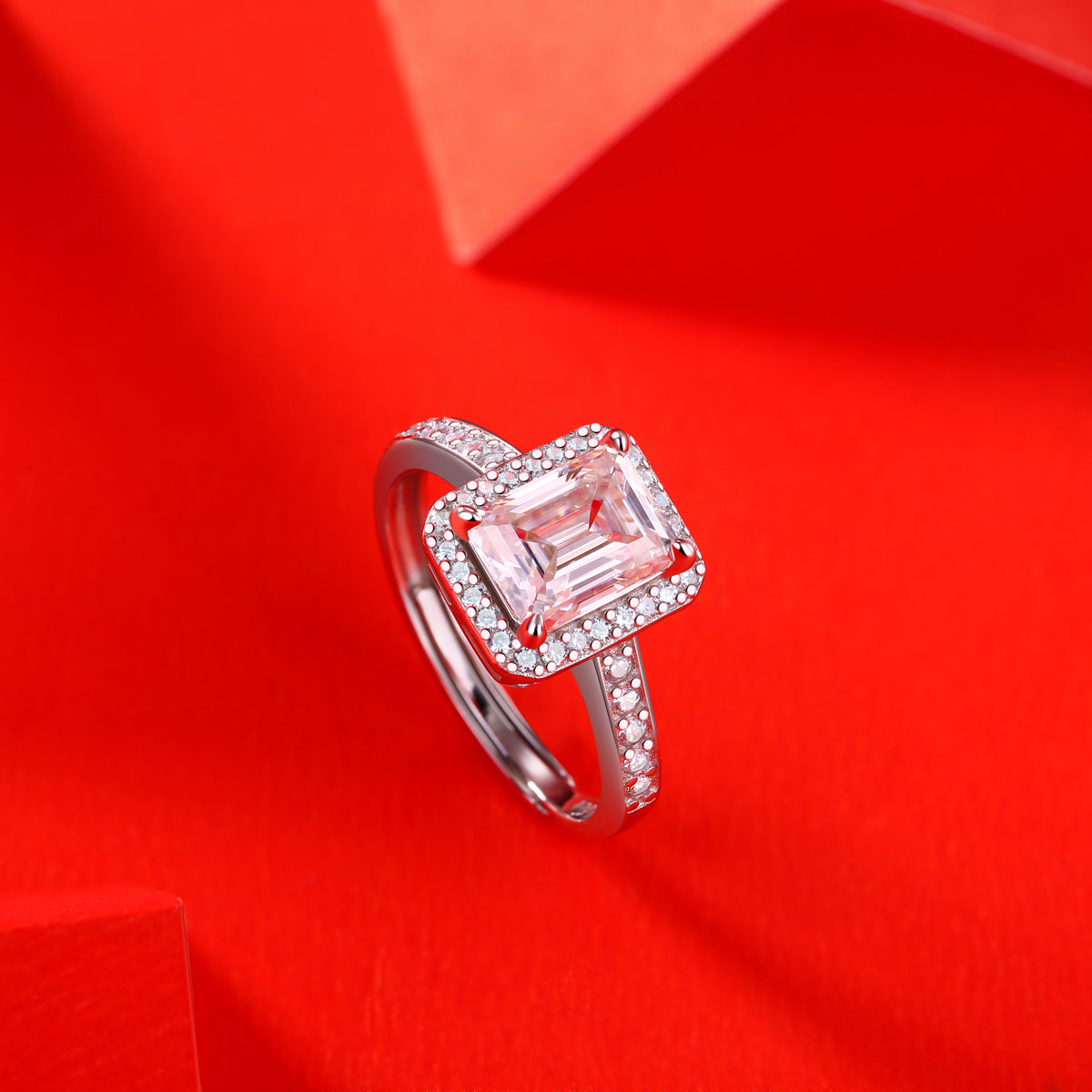 LANjewels Halo Emerald Cut Moissanite Engagement Ring