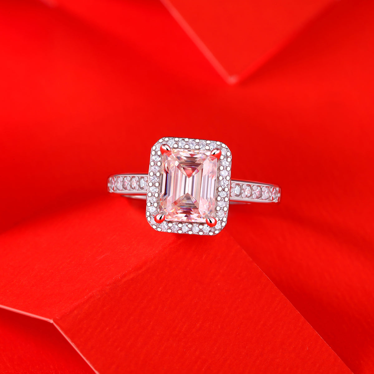 LANjewels Halo Emerald Cut Moissanite Engagement Ring