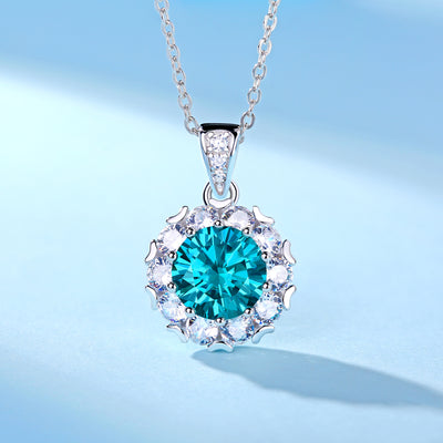 LANjewels Stunning Halo Blue Moissanite Pendant Necklaces