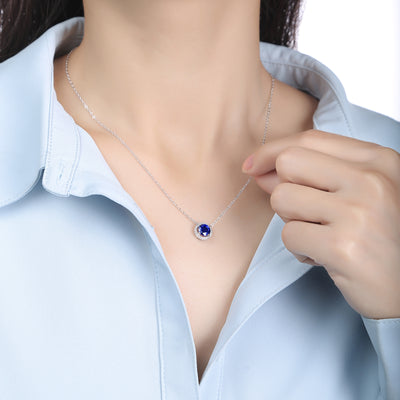 LANjewels Round Halo Lab Created Blue Sapphire Necklaces 1.0 ct