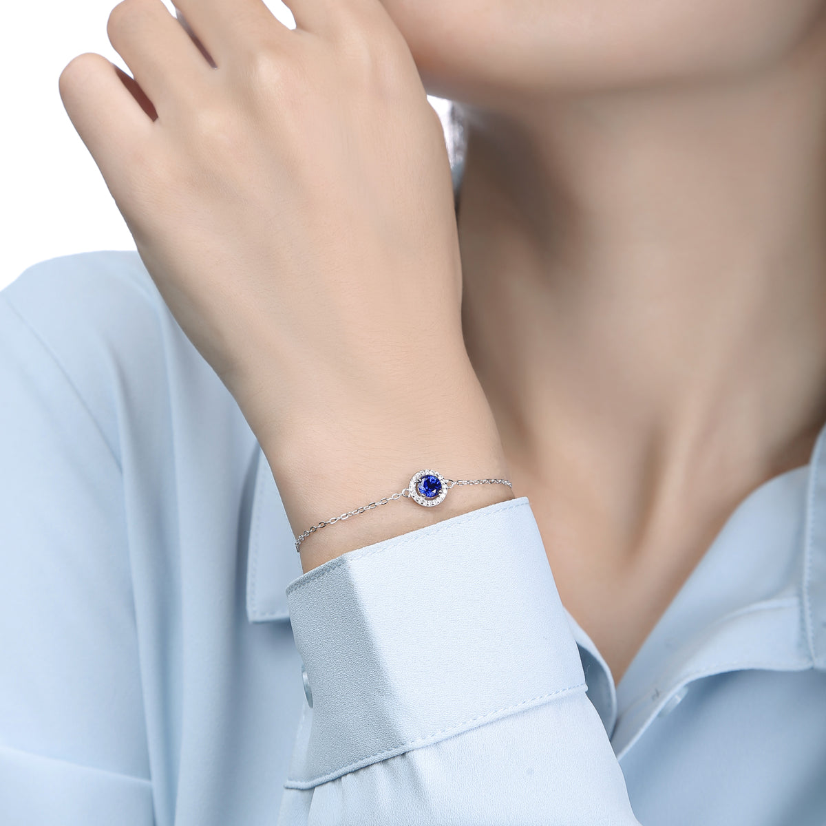 Lanjewels Round Halo Lab Created Blue Sapphire Bracelet 1.0 ct