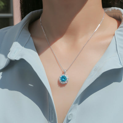 LANjewels Stunning Halo Blue Moissanite Pendant Necklaces