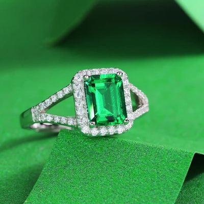 LANjewels Luxury Halo Y-Arm Emerald Gemstone Ring 1.5 ct