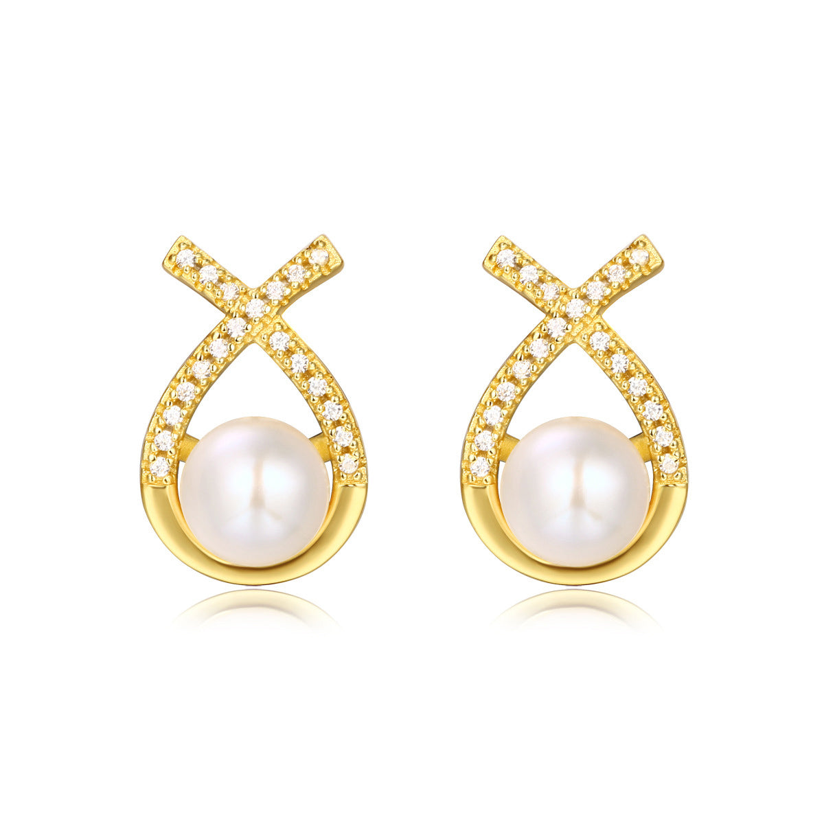 LANjewels Ribbon Gold Plated Pearl Stud Earrings