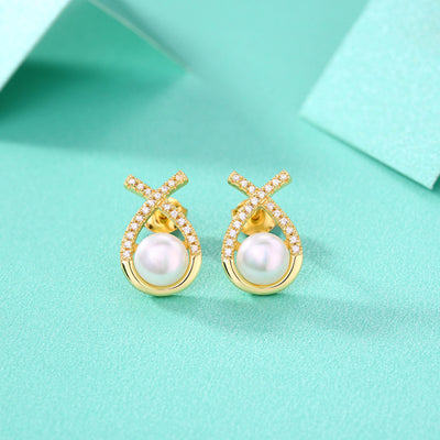 LANjewels Ribbon Gold Plated Pearl Stud Earrings