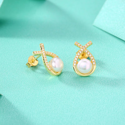 LANjewels Ribbon Gold Plated Pearl Stud Earrings