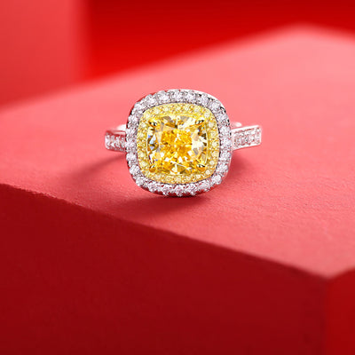 LANjewels Halo Cushion Yellow Lab Grown Diamond Ring 4.3 ct