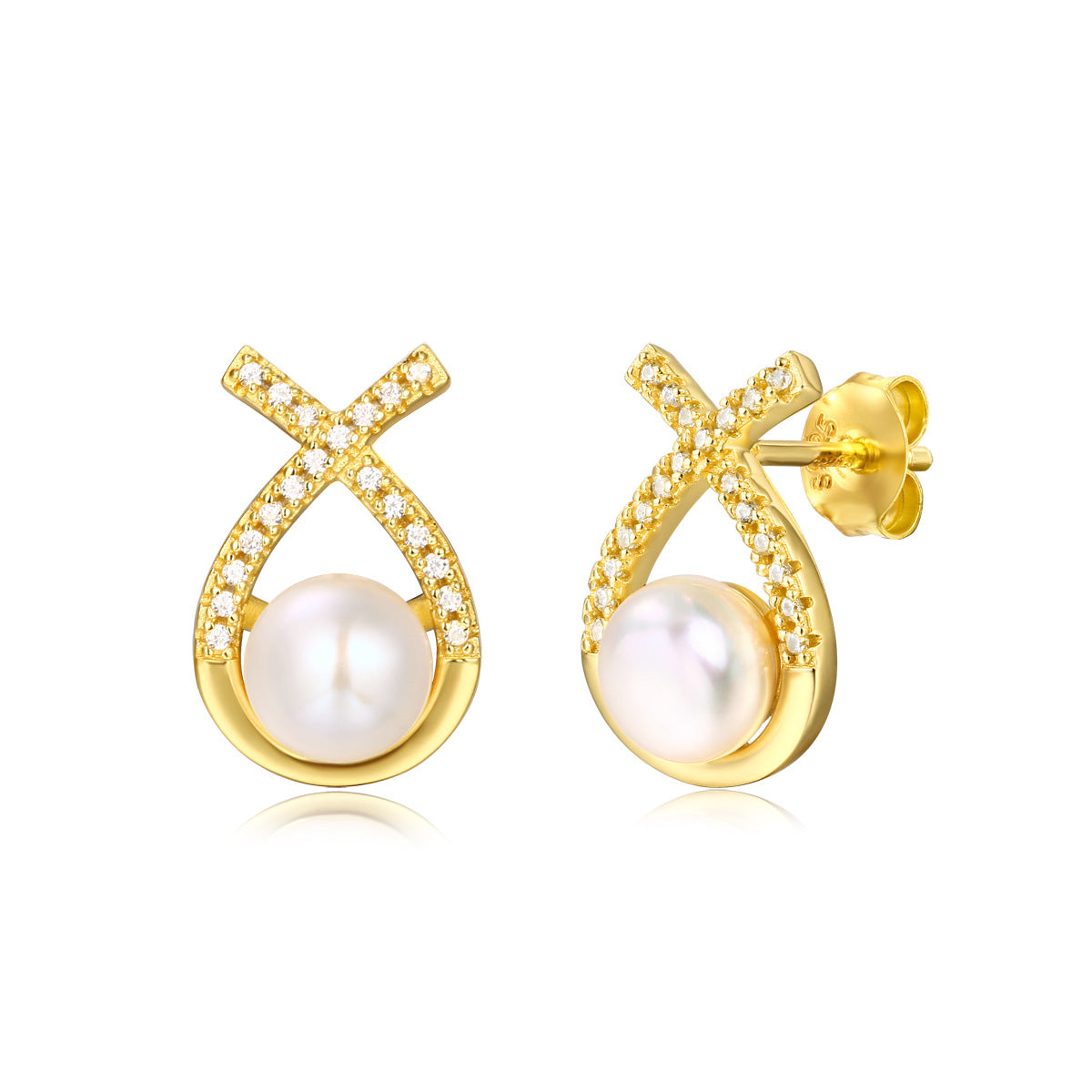 LANjewels Ribbon Gold Plated Pearl Stud Earrings