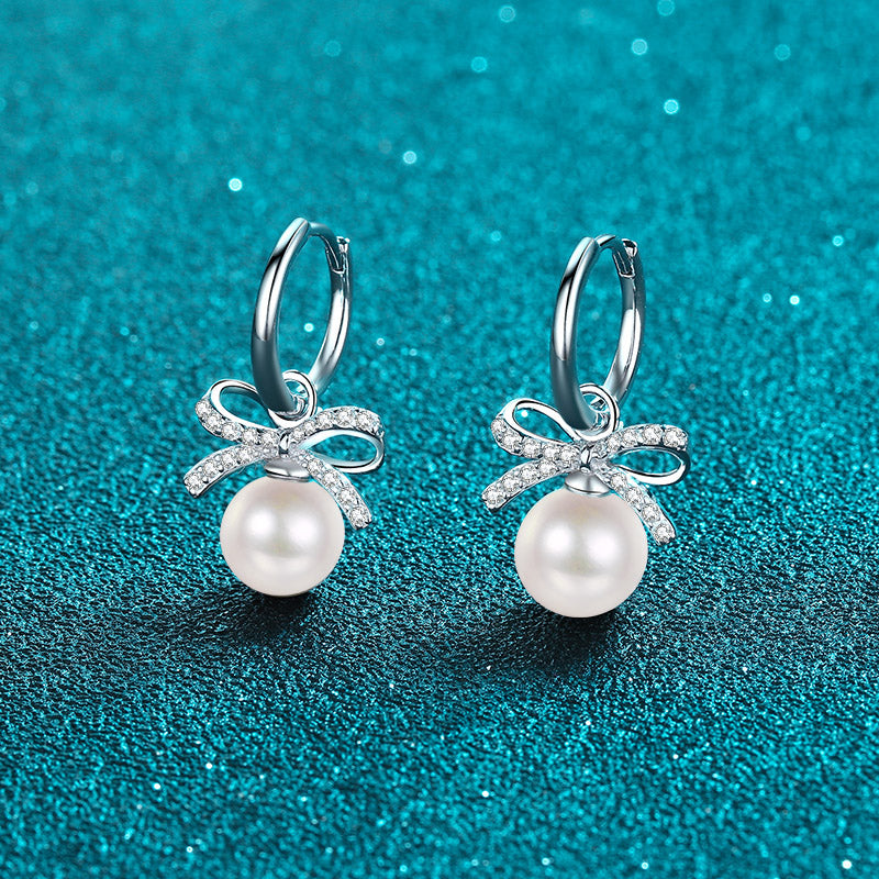 LANjewels Cross Ribbon Moissanite Pearl Drop Earrings