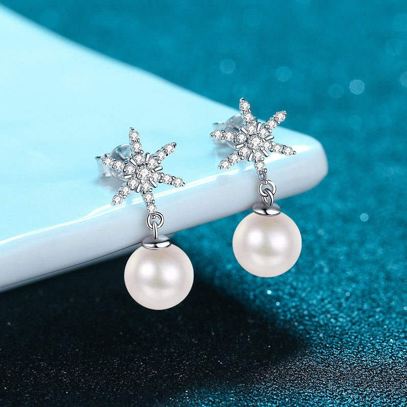 LANjewels Snowflake Moissanite Pearl Drop Earrings (0.25 ct.tw.)