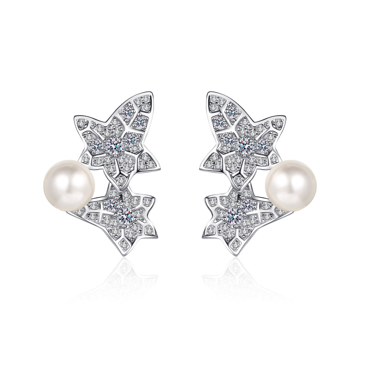 LANjewels Flower Leaf Moissanite Pearl Stud Earrings (0.68 ct.tw.)